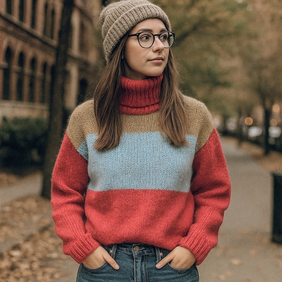 Woven Heart Colorblock Turtleneck Sweater - Red, Blue, Tan - Picture 1 of 4